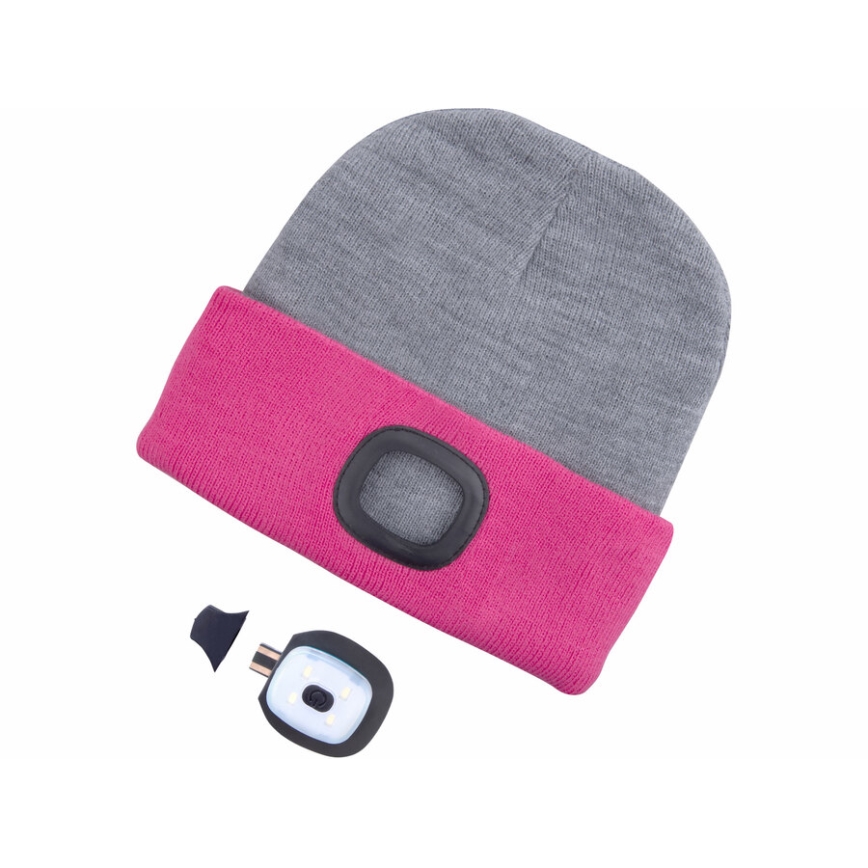 Extol - Mössa med inbyggd pannlampa och USB-uppladdningsbart batteri 300 mAh, grå/rosa, one size