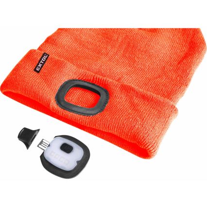 Extol - Mössa med pannlampa och USB-laddning 250 mAh neonorange stl. UNI
