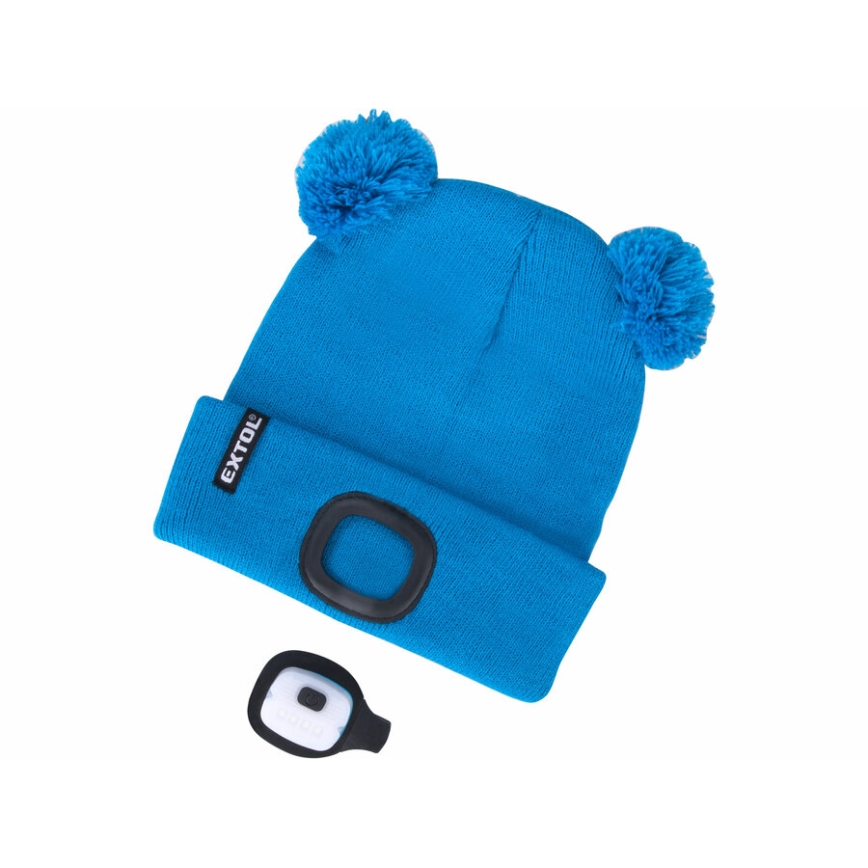Extol - Mössa med pannlampa och USB-uppladdningsbart batteri 250 mAh, blå med pom-poms, barnstorlek