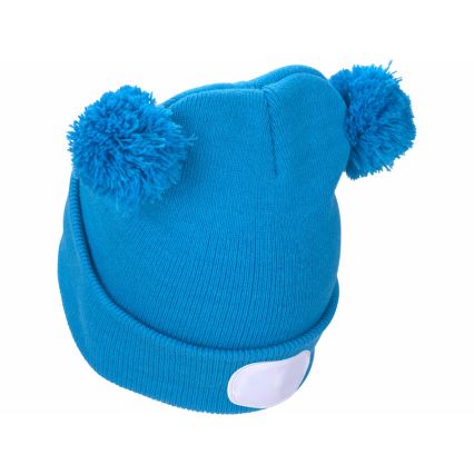 Extol - Mössa med pannlampa och USB-uppladdningsbart batteri 250 mAh, blå med pom-poms, barnstorlek