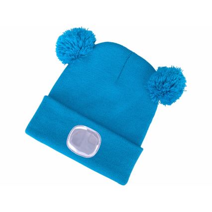 Extol - Mössa med pannlampa och USB-uppladdningsbart batteri 250 mAh, blå med pom-poms, barnstorlek