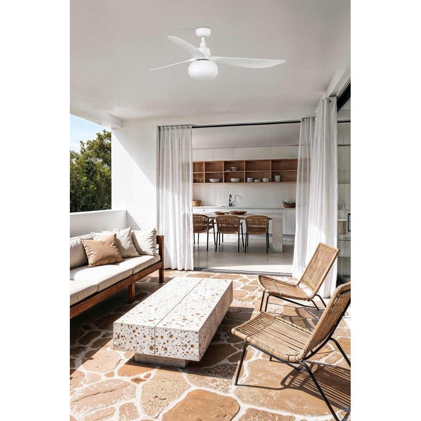 FARO 34363WT-11L - Takfläkt OUTWOOD L 1xE27/15W/230V vit Ø 150 cm Wi‑Fi Tuya IP44 + fjärrkontroll