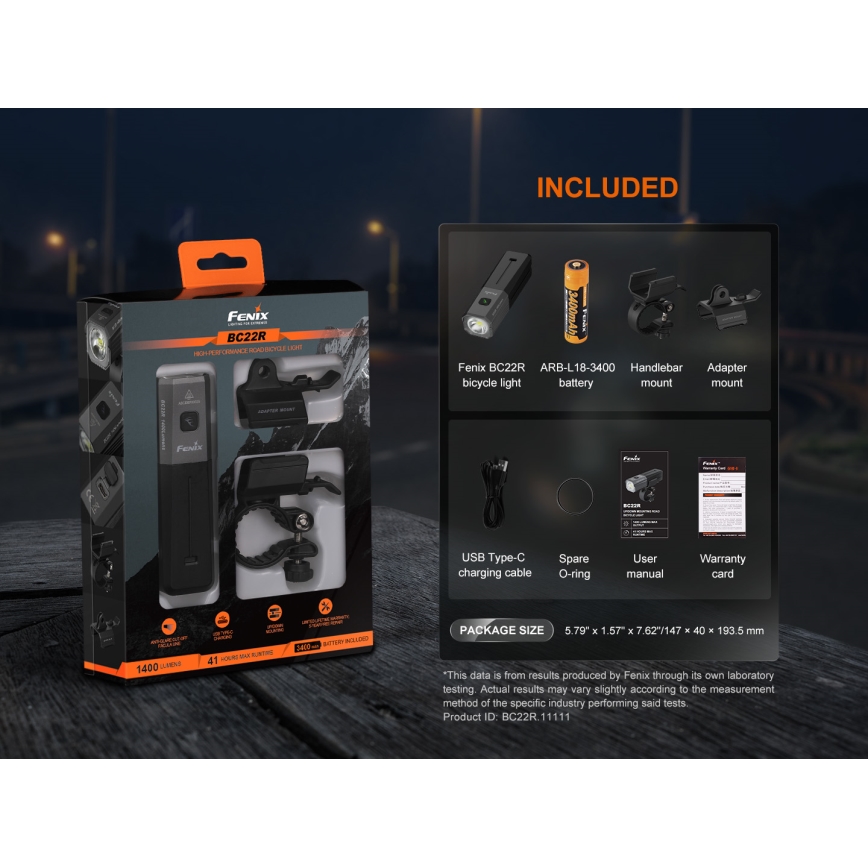 Fenix BC22R - dimbar uppladdningsbar cykellampa LED/USB 3400 mAh IP66 1400 lm 41 h svart