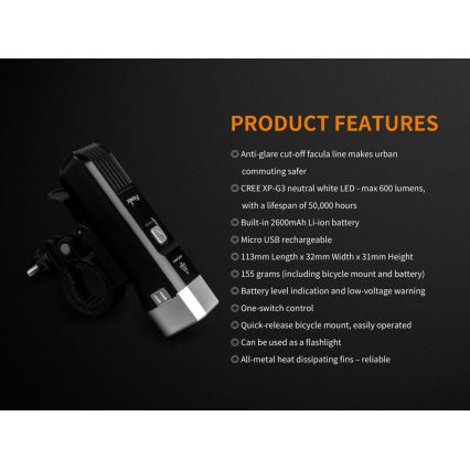 Fenix BC25R - LED Uppladdningsbar Fick lampa LED/USB IP66 600 lm 36 h