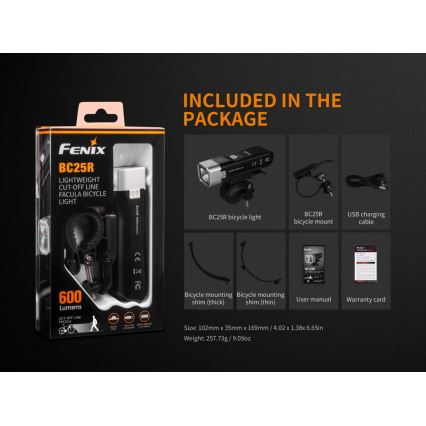 Fenix BC25R - LED Uppladdningsbar Fick lampa LED/USB IP66 600 lm 36 h