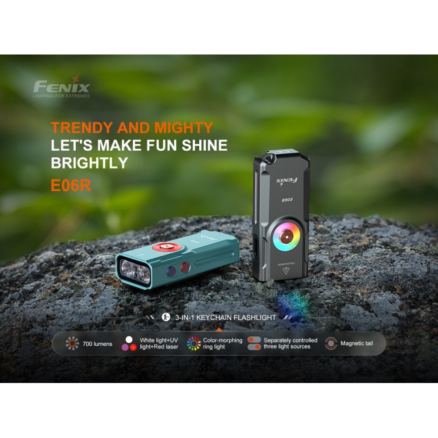 Fenix E06RGRY - LED Ljusreglerad uppladdningsbar ficklampa UV LED/USB IP66 700 glansig 60 h 750 mAh grå