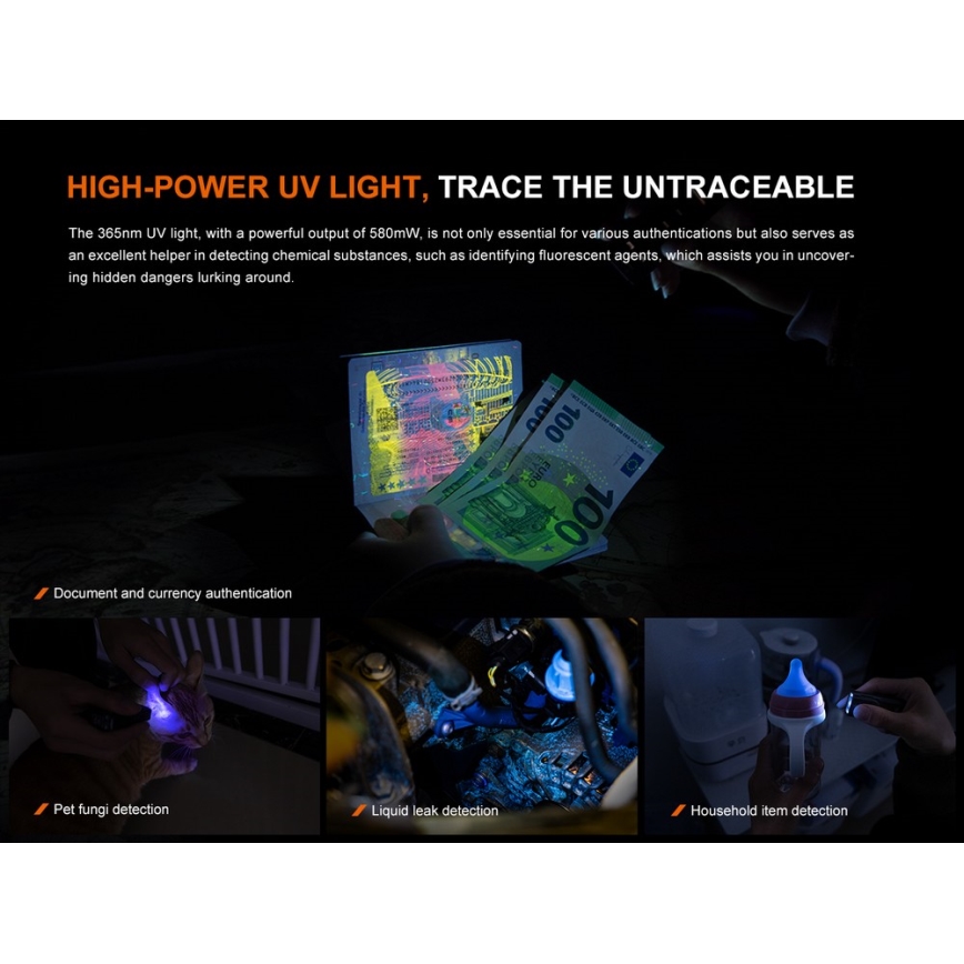 Fenix E06RGRY - LED Ljusreglerad uppladdningsbar ficklampa UV LED/USB IP66 700 glansig 60 h 750 mAh grå