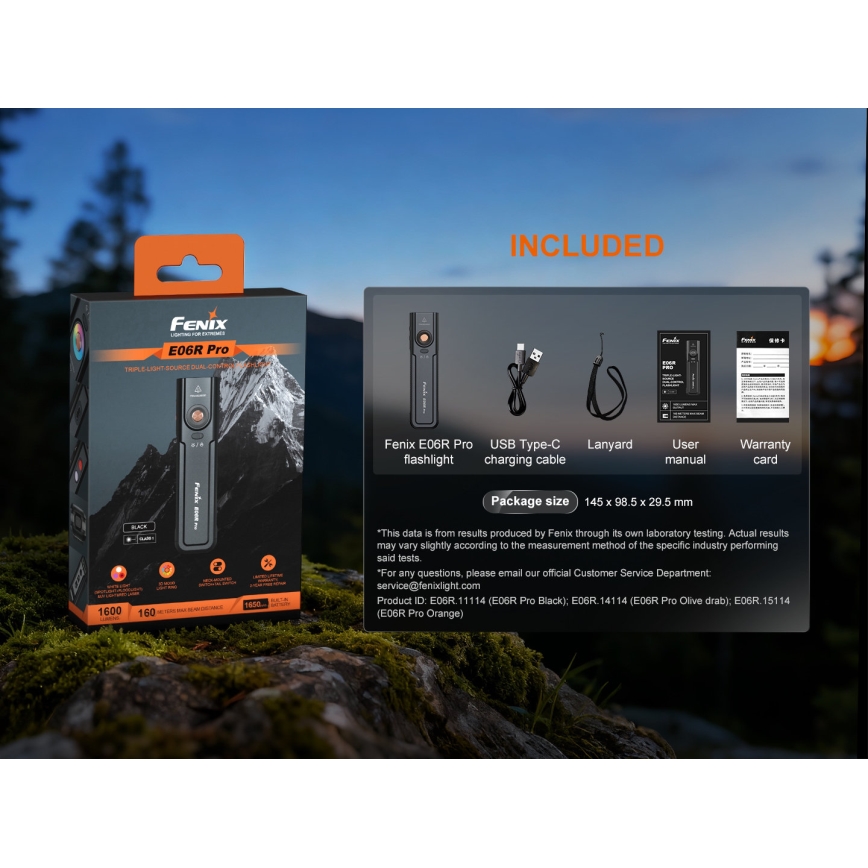 Fenix E06RPROEUBLC - dimbar uppladdningsbar LED-ficklampa LED/USB 1650 mAh IP66 1600 lm 111 h svart
