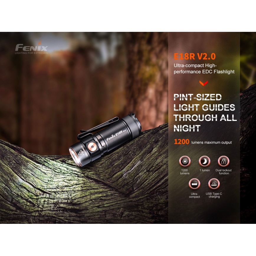 Fenix E18RV20800 - Dimbar uppladdningsbar LED-ficklampa LED/USB/1xCR123A 800 mAh IP68 1200 lm 200 h svart