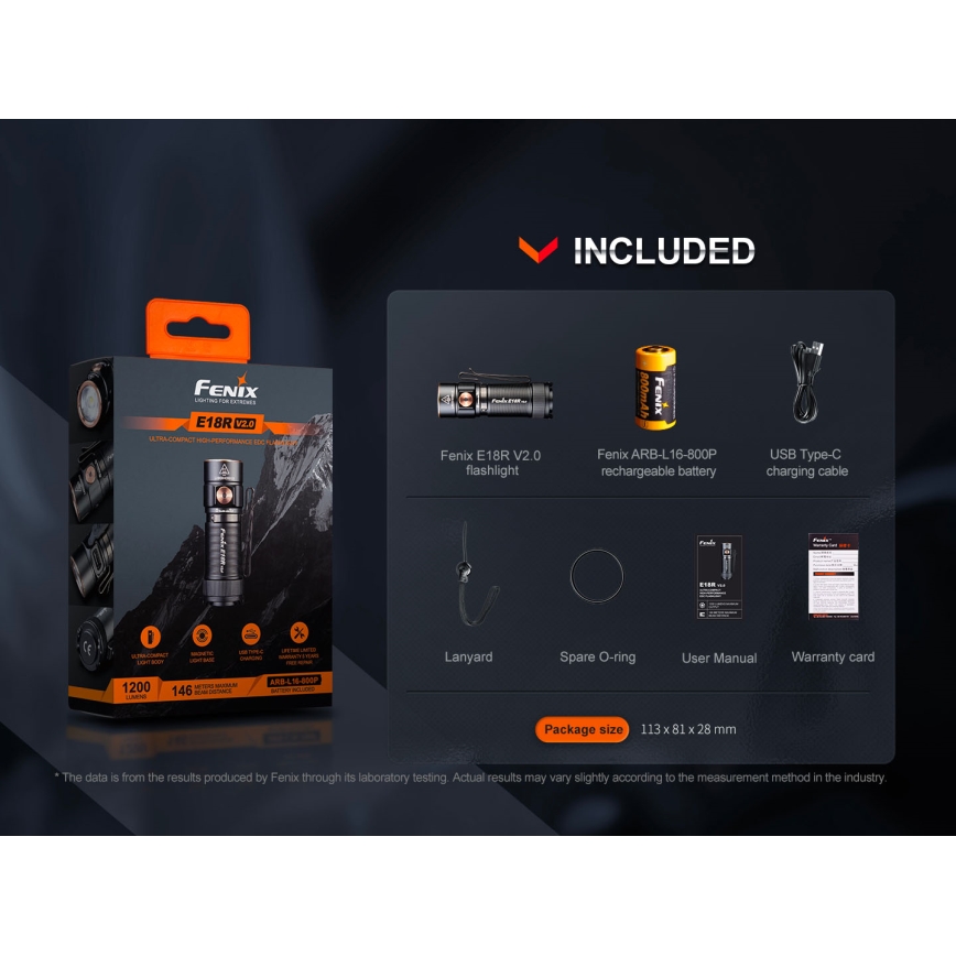 Fenix E18RV20800 - Dimbar uppladdningsbar LED-ficklampa LED/USB/1xCR123A 800 mAh IP68 1200 lm 200 h svart
