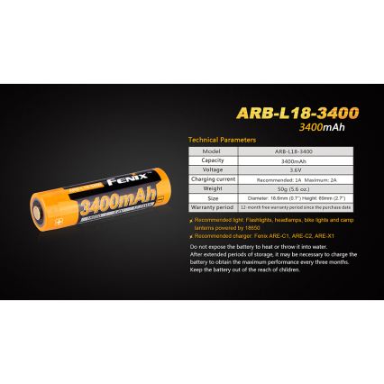Fenix FE18650LI34 - 1 st Laddningsbart 18650-batteri 3,6 V, 3400 mAh