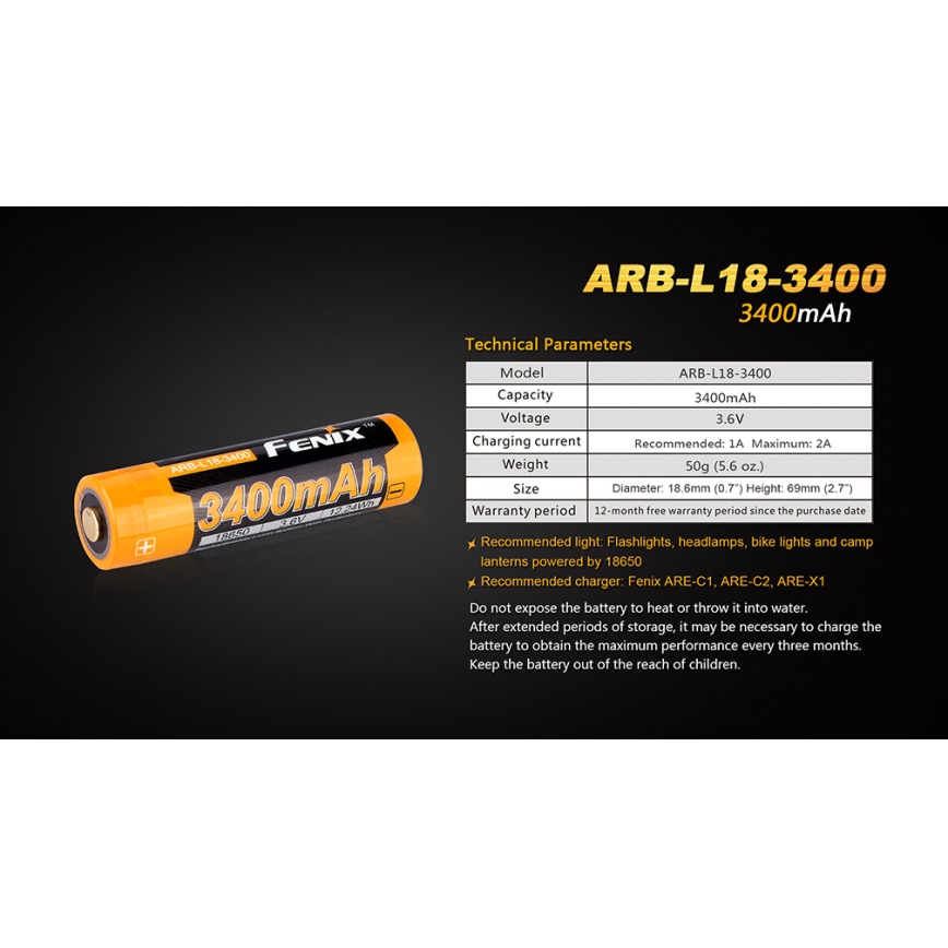 Fenix FE18650LI34 - 1 st Laddningsbart 18650-batteri 3,6 V, 3400 mAh