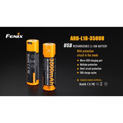 Fenix FE18650LI35USB - 1 st Uppladdningsbart USB-batteri, 3,6 V, 3500 mAh