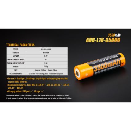 Fenix FE18650LI35USB - 1 st Uppladdningsbart USB-batteri, 3,6 V, 3500 mAh