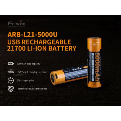 Fenix FE21700USB - 1 st Uppladdningsbart batteri med USB, 3,6 V, 5000 mAh