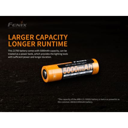 Fenix FE21700USB - 1 st Uppladdningsbart batteri med USB, 3,6 V, 5000 mAh