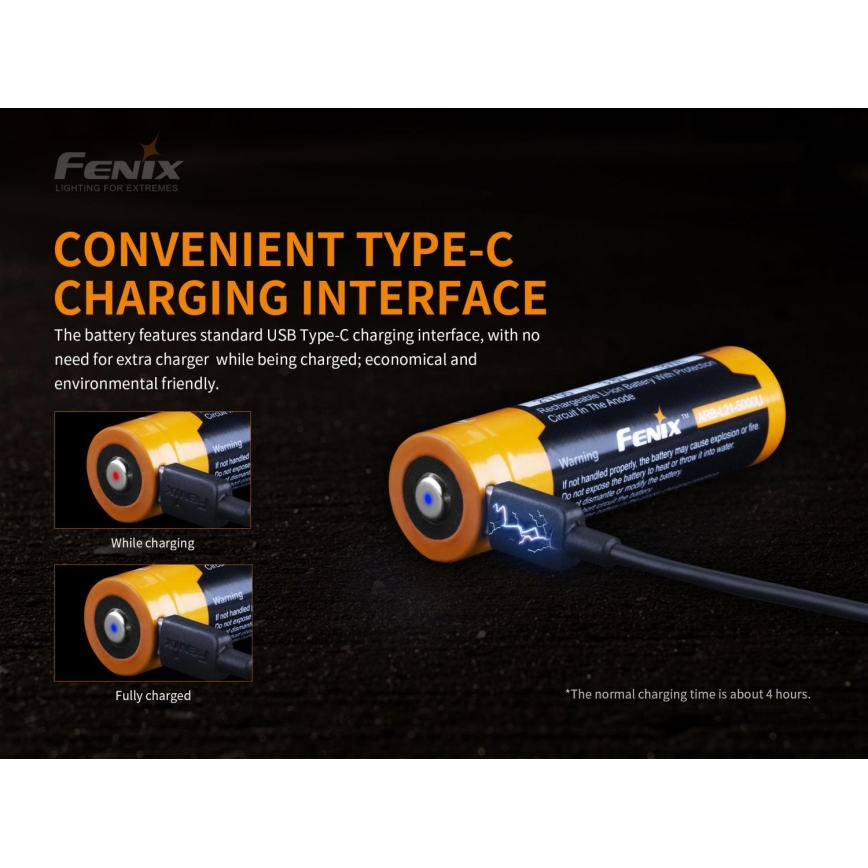 Fenix FE21700USB - 1 st Uppladdningsbart batteri med USB, 3,6 V, 5000 mAh