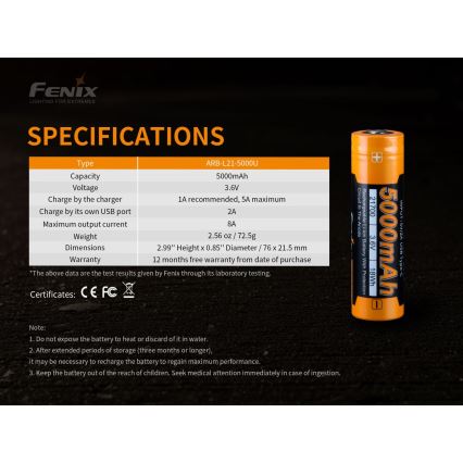 Fenix FE21700USB - 1 st Uppladdningsbart batteri med USB, 3,6 V, 5000 mAh