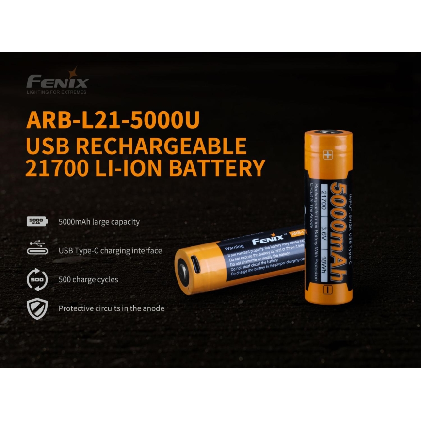 Fenix FE21700USB - 1pc Uppladdningsbart batteri USB/3,6V 5000 mAh