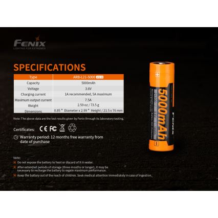 Fenix FE21700V20 - 1 st Uppladdningsbart batteri 21700/3,6V 5000 mAh