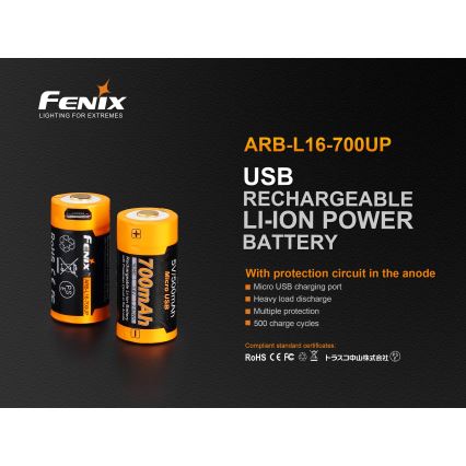 Fenix FERCR123ALIIONUP - 1 st Uppladdningsbart USB-batteri, 3,6 V, 700 mAh