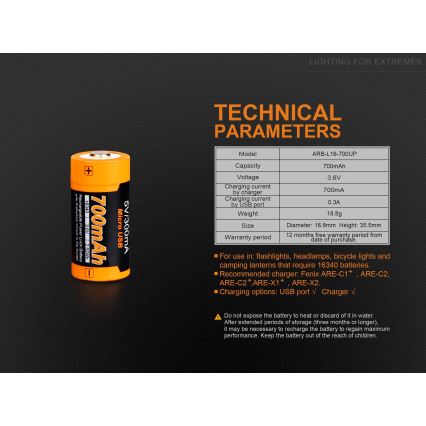 Fenix FERCR123ALIIONUP - 1 st Uppladdningsbart USB-batteri, 3,6 V, 700 mAh