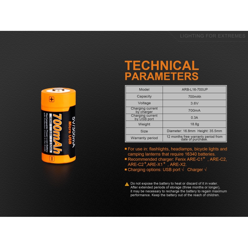 Fenix FERCR123ALIIONUP - 1 st Uppladdningsbart USB-batteri, 3,6 V, 700 mAh
