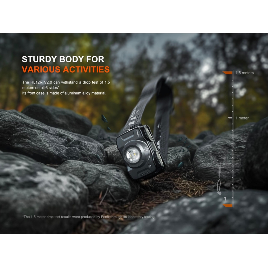 Fenix HL12RV20BLC - dimbar uppladdningsbar pannlampa, LED/USB, 950 mAh, IP66, 500 lm, 112 h, svart