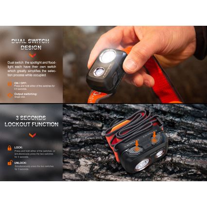 Fenix HL32RTBLCK - LED uppladdningsbar pannlampa LED/USB/3xAAA IP66 800 glansig 300 h 1900 mAh svart/orange