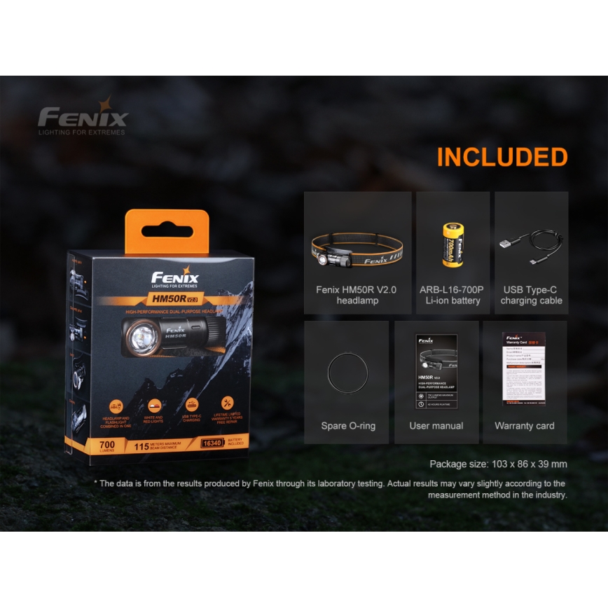 Fenix HM50RV20 - LED uppladdningsbar pannlampa 3xLED/USB/1xCR123A IP68 700 glansig 120 h 700 mAh
