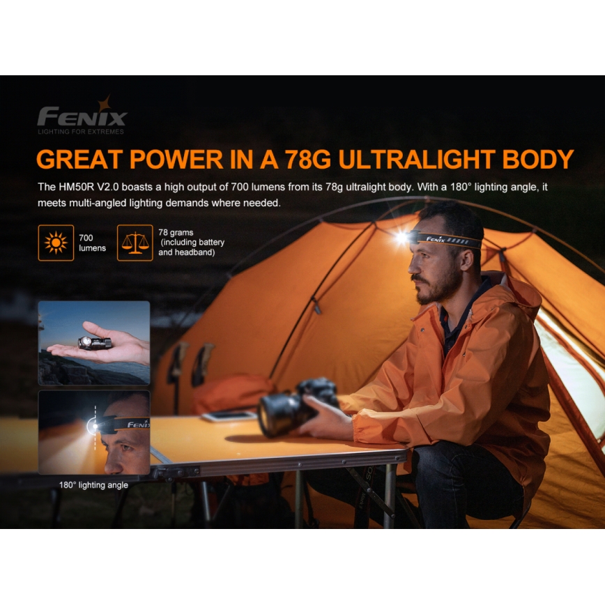 Fenix HM50RV20 - LED uppladdningsbar pannlampa 3xLED/USB/1xCR123A IP68 700 glansig 120 h 700 mAh