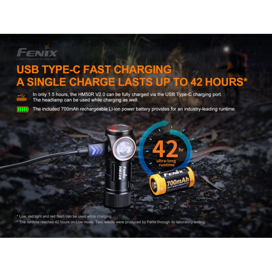Fenix HM50RV20 - LED uppladdningsbar pannlampa 3xLED/USB/1xCR123A IP68 700 glansig 120 h 700 mAh