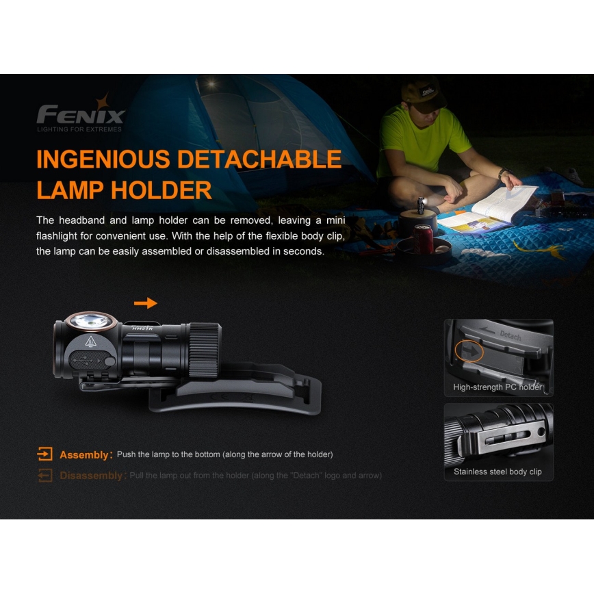 Fenix HM51RV3ABL - Dimbar uppladdningsbar LED-pannlampa LED/USB/1xCR123A 950 mAh IP68 860 lm 125 h svart