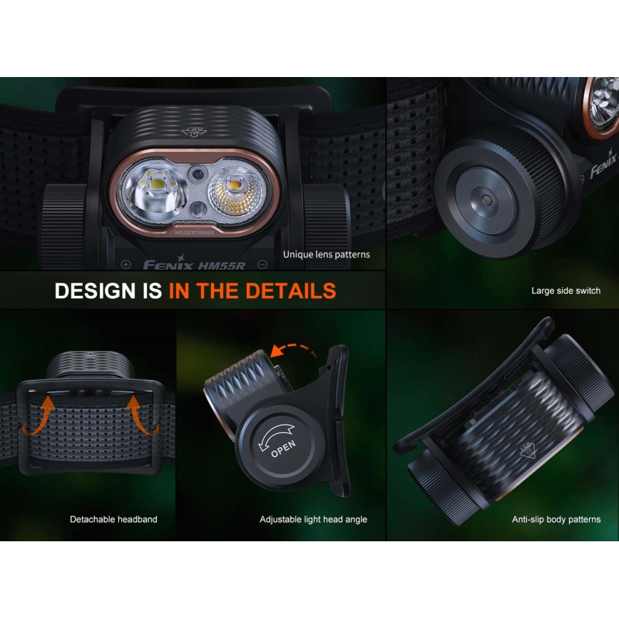 Fenix HM55RABL - Dimmbar uppladdningsbar pannlampa LED/USB/1xCR123A 1600 mAh IP68 1200 lm 141,2 h svart