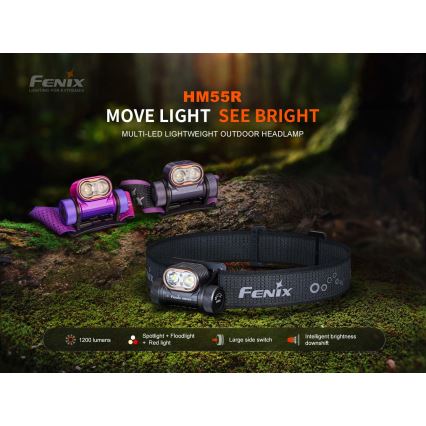 Fenix HM55RPRP - LED-dimmbar uppladdningsbar pannlampa LED/USB/1xCR123A 1600 mAh IP68 1200 lm 141,2 h lila/svart