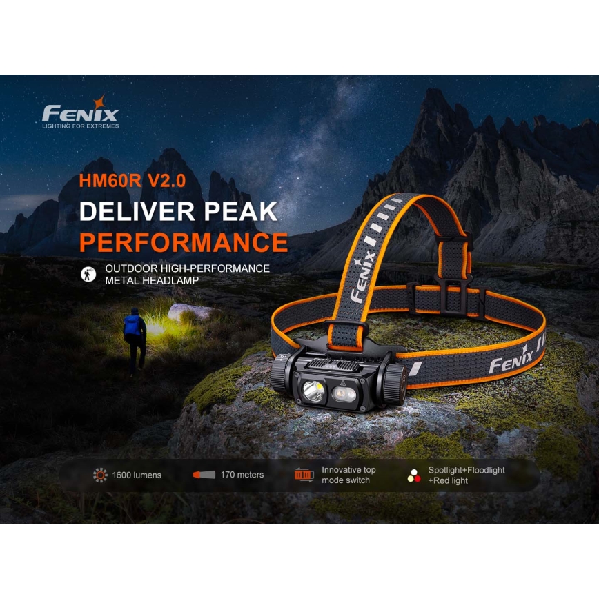 Fenix HM60RV20 - LED-dimmbar uppladdningsbar pannlampa LED/USB 4000 mAh IP68 1600 lm 292 h orange