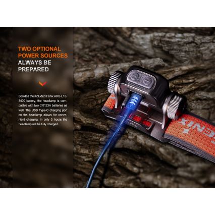 Fenix HM65RTV20BLC- LED Ljusreglerad uppladdningsbar pannlampa LED/USB/2xCR123A IP68 3400 mAh svart/orange