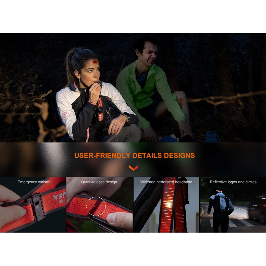 Fenix HM65RTV20BLC- LED Ljusreglerad uppladdningsbar pannlampa LED/USB/2xCR123A IP68 3400 mAh svart/orange