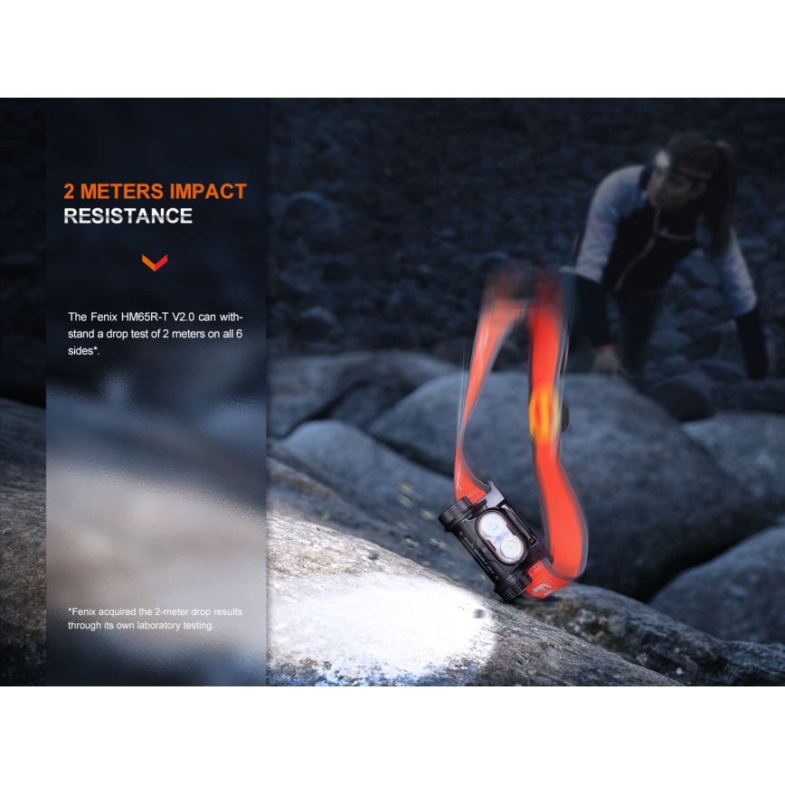 Fenix HM65RTV20BLC- LED Ljusreglerad uppladdningsbar pannlampa LED/USB/2xCR123A IP68 3400 mAh svart/orange