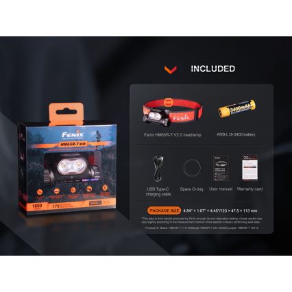 Fenix HM65RTV20BLC- LED Ljusreglerad uppladdningsbar pannlampa LED/USB/2xCR123A IP68 3400 mAh svart/orange