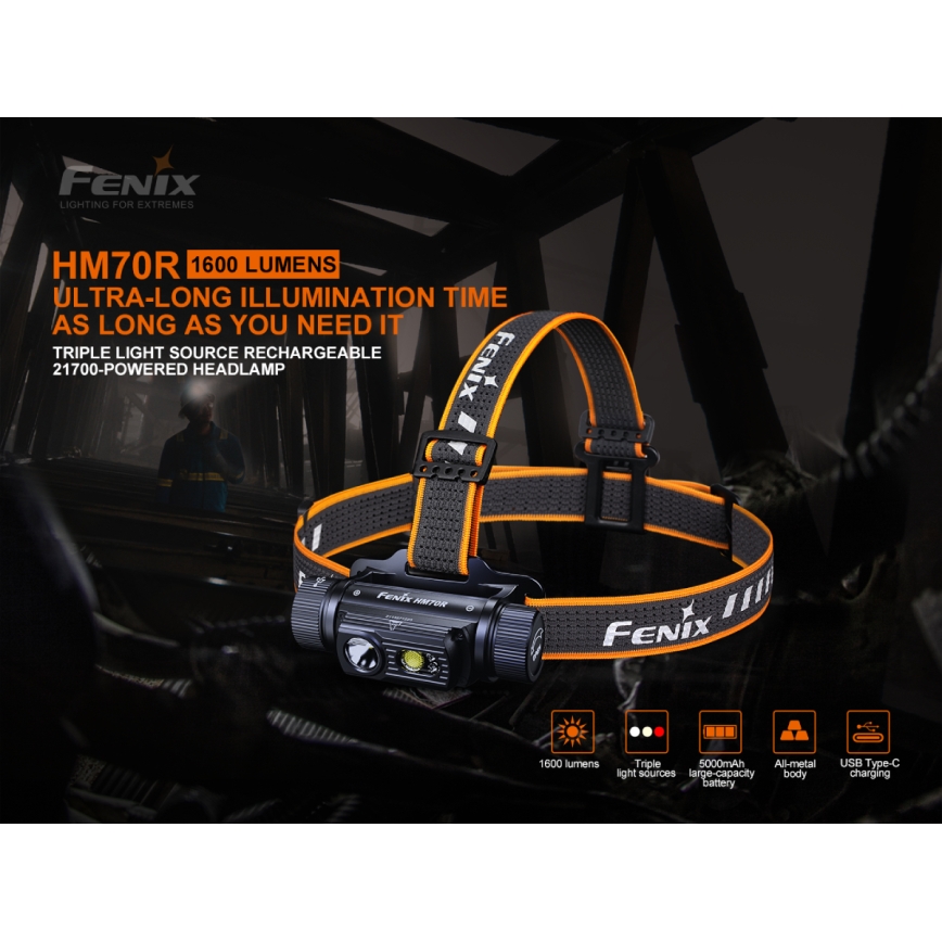 Fenix HM70R - LED uppladdningsbar pannlampa 4xLED/1x21700 IP68 1600 glansig 800 h 5000 mAh