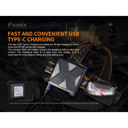 Fenix HP16R1250 - LED uppladdningsbar pannlampa 3xLED/USB 4xAA IP66 1250 lm 600 h 3000 mAh