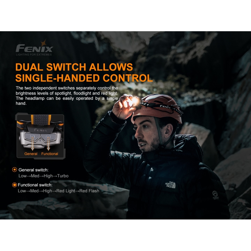 Fenix HP16R1250 - LED uppladdningsbar pannlampa 3xLED/USB 4xAA IP66 1250 lm 600 h 3000 mAh