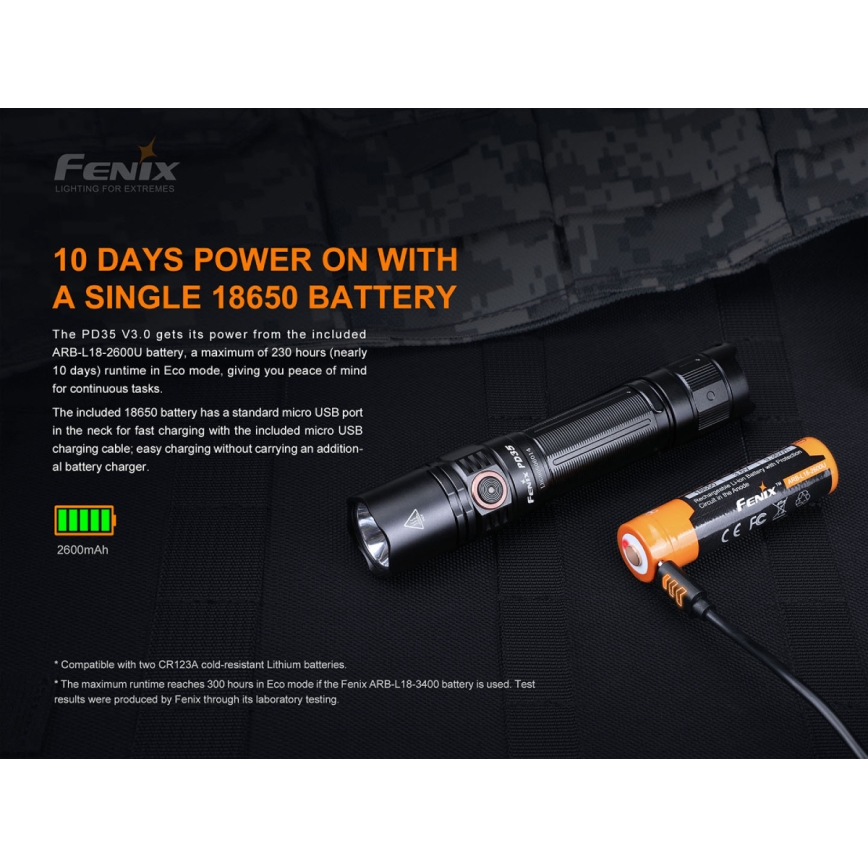 Fenix PD35V30 - LED Uppladdningsbar Ficklampa LED/USB/2xCR123A IP68 1700 lm 230 h 2600 mAh