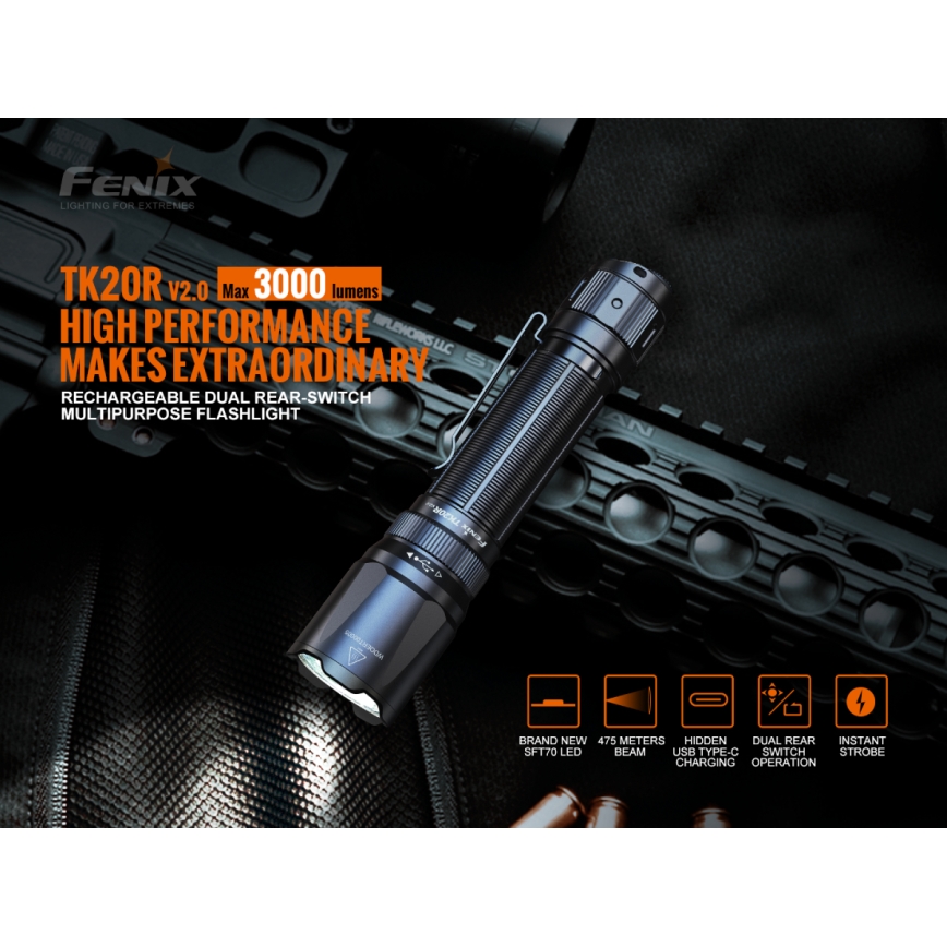 Fenix TK20RV20 - LED Taktisk uppladdningsbar ficklampa LED / USB IP68 3000 lm 48 timmar