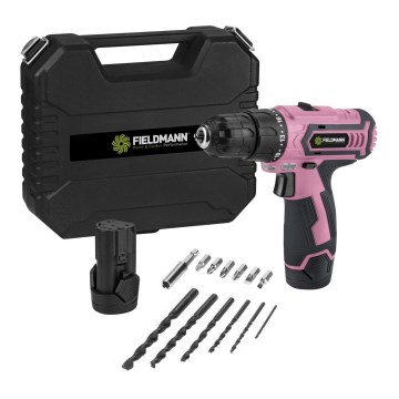 Fieldmann - Sladdlös borrmaskin med tillbehör 12V 1300 mAh rosa/svart