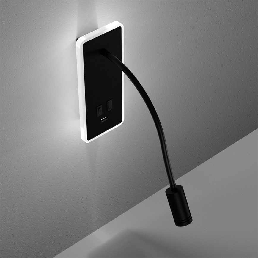 Flexibel LED-vägglampa med USB BASE LED/8W+LED/2W/230V svart