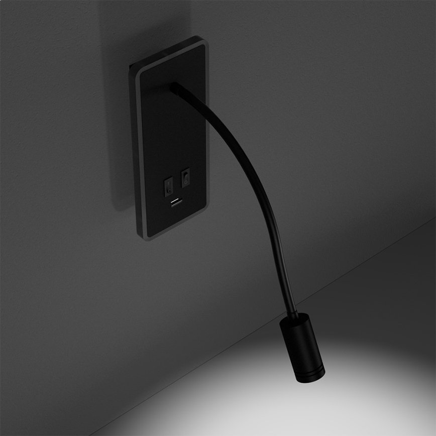 Flexibel LED-vägglampa med USB BASE LED/8W+LED/2W/230V svart
