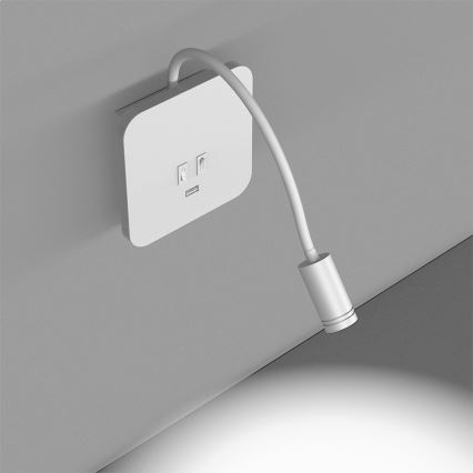 Flexibel LED‑vägglampa med USB, BASE – LED 8W + LED 2W, 230V, vit