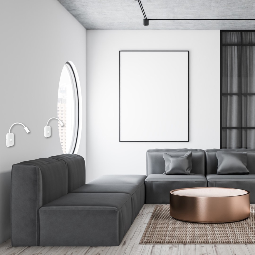 Flexibel LED‑vägglampa med USB, BASE – LED 8W + LED 2W, 230V, vit